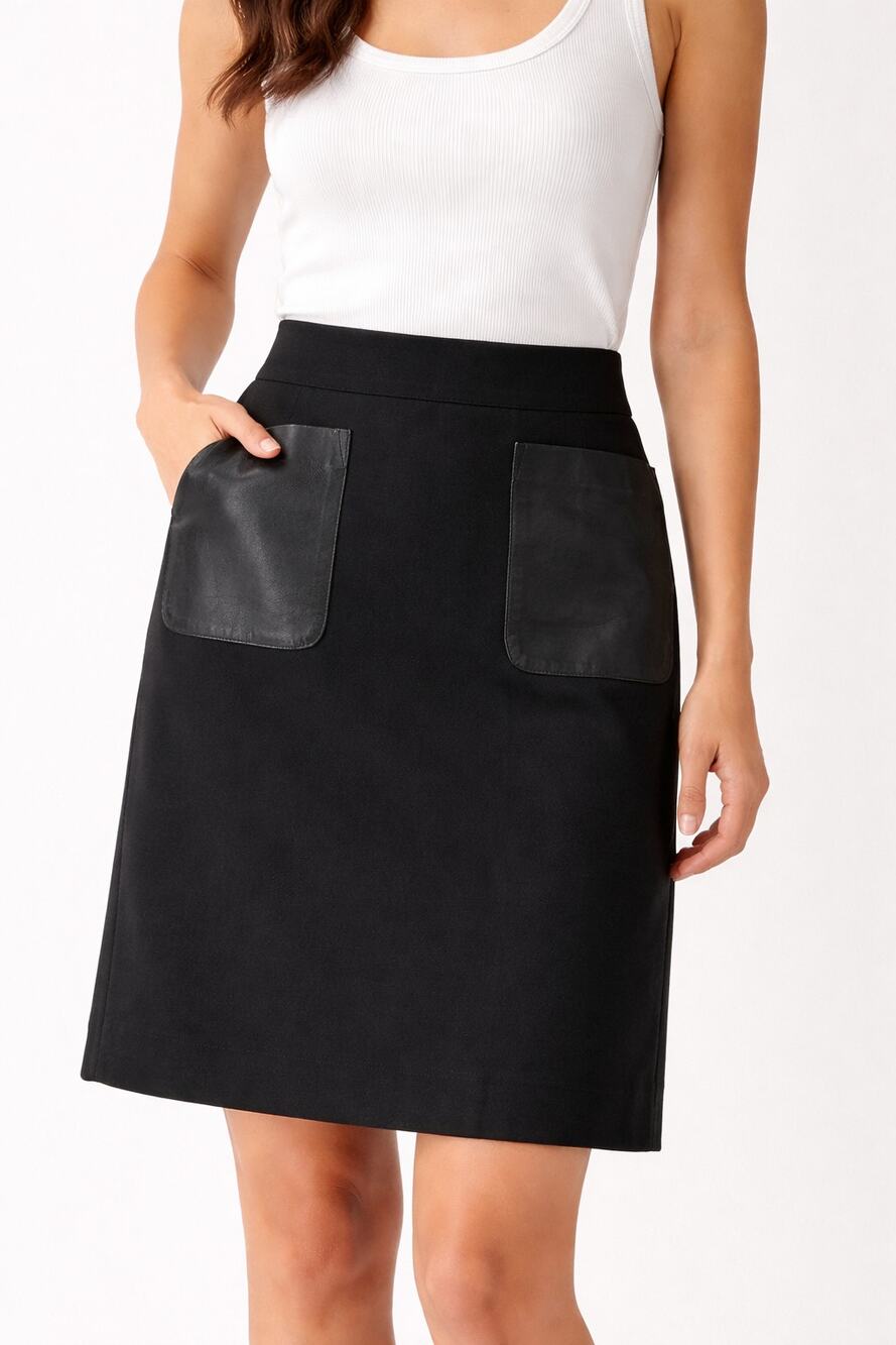 Club Monaco Pencil Skirt Womens 2 Black Leather Pockets Stretch High Rise Work